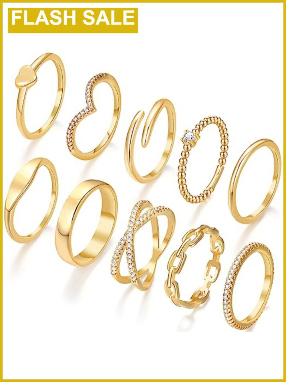 10 PCS 14K Gold Plated Rings for Women Open Simulated Diamond Stacking Set